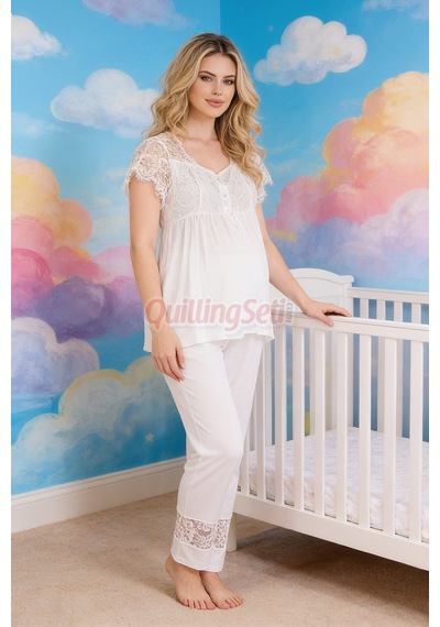 Quilling Ekru Renkli Dantel Detaylı, 33200 Kısa Kol, 2 Parça Lohusa Hamile Pijama Takımı