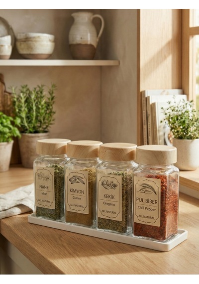 Leelahome 4'lü Set Ahşap Desenli Standlı Kare Baharatlık 140 Ml - Açık Kahve Açık Kahverengi