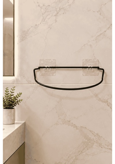 Siyah Şık Duvar Tipi Havluluk Delmeden Montaj, Yapışkanlı Modern Banyo Havlu Askısı