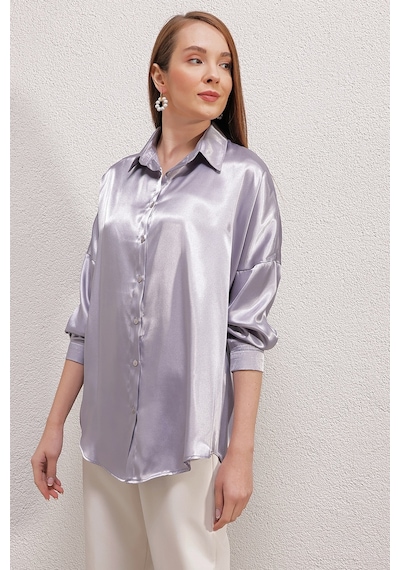 Bigdart 3985 Oversize Saten Gömlek - Lila 001