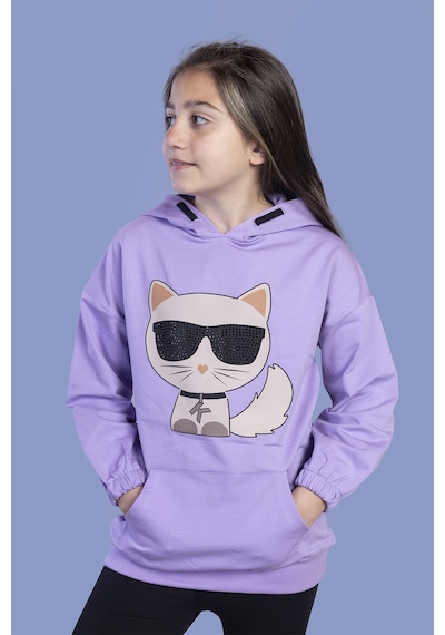 Toontoy Kız Çocuk Kedi Desenli Taş İşlemeli Kanguru Cepli Sweatshirt Lila