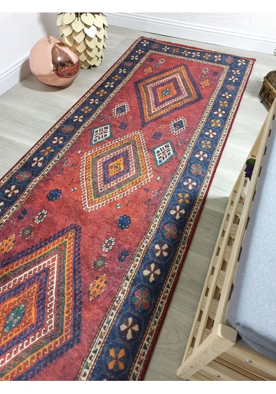 Etnik Madalyonlu Kırmızı Ve Lacivert Bohem Halı Kırmızı Lacivert
