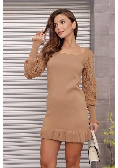 Aqe Fashion Kol Dantel Detaylı U Yaka Eteği Fırfırlı Camel Elbise Camel