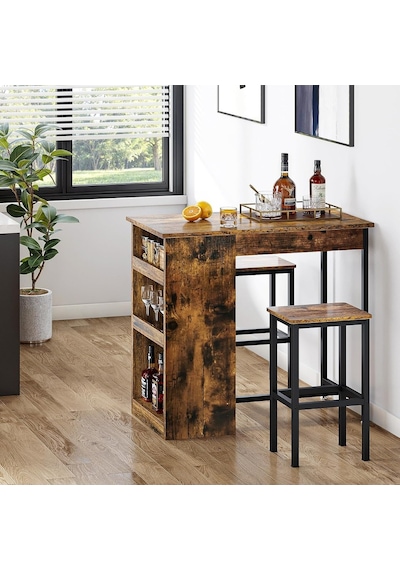 3 Parça Bar Masası Seti, 2 Tabureli, 3 Raflı, Metal Çerçeveli, Endüstriyel Tasarımlı Mutfak Ve Kahvaltı Masası Kahverengi 3 Parça Bar Masası Seti, 2 Tabureli, 3 Raflı, Metal Çerçeveli, Endüstriyel Tasarımlı Mutfak Ve Kahvaltı Masası Kahverengi