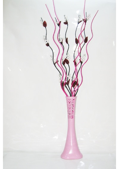 60 Cm Pembe Desenli Uzun Vazo 5 Adet Beyaz Üzüm 5 Adet Fuşya Dal