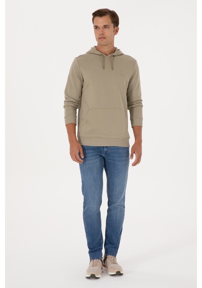 U.S. Polo Assn. Erkek Regular Fit Kapüşonlu Açık Haki Basic Sweatshirt 50313720-VR183