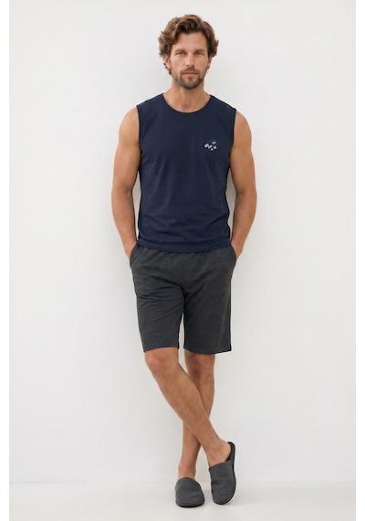 Tudors Erkek Standart Fit Normal Kesim Kısa Kollu Pamuklu Baskılı Lacivert Siyah Pijama Takımı-51144