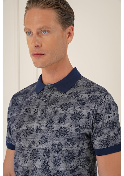 Efor Slim Fit Dal Yaprak Desen Polo Yaka Pamuklu Lacivert Tişört Ts 884 Lacivert
