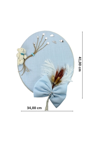 Süslebabypartystore Kuru Çiçek Tanzimli, Ayıcıklı, Isimli Oval Kapı Süsü, Mavi