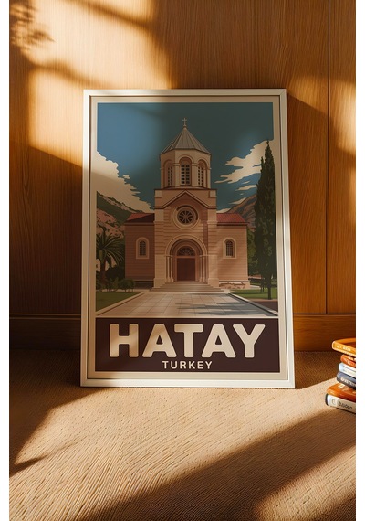 Hatay Tablo - Retro Travel Poster - Türkiye Şehir Serisi Duvar Dekoru - Çerçeve Şehir İllüstrasyonu Beyaz
