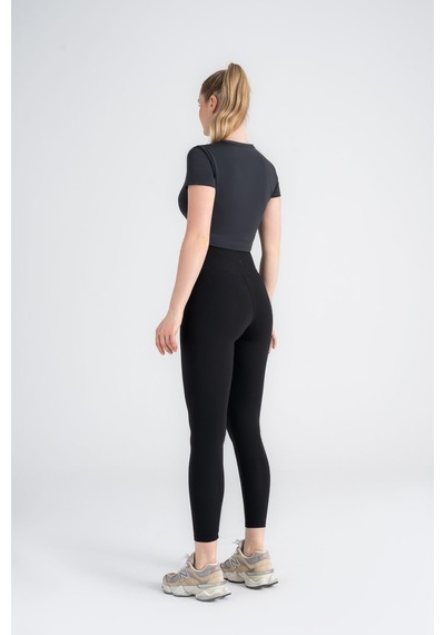 Kadın Antrasit Crop T-shirt Kısa Kollu, Bisiklet Yaka, Tüylenme Siyah