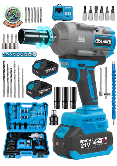 Steiner 21v 1100 Nm Kömürsüz Torklu Çift Akülü 10 Pilli 1/2 Mavi Şarjlı Somun Sıkma Sökme Makinesi + 38 Parça