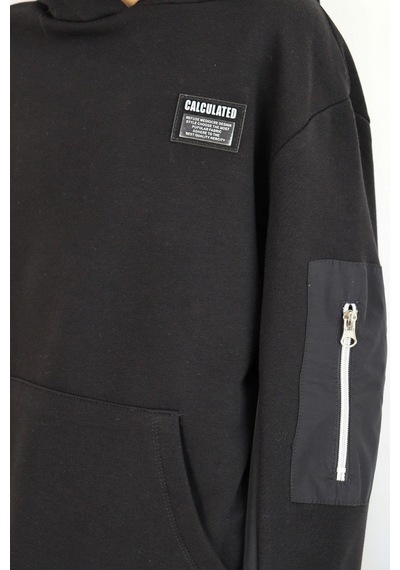 Breeze Erkek Çocuk Sweatshirt Armalı Kolu Cepli Fermuarlı 9-14 Yaş, Siyah Siyah