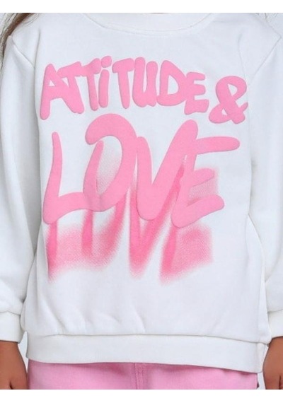 Kız Çocuk Love Yazılı Kapüşonlu Sweatshirt-14296 Ekru