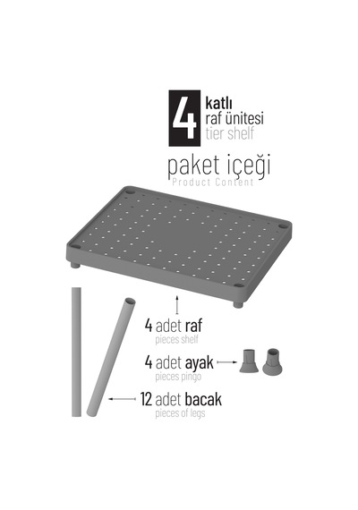 Gri 4 Katlı 33x40 Ekstra Geniş Düzenleyici Mutfak Banyo Ve Kiler Rafı