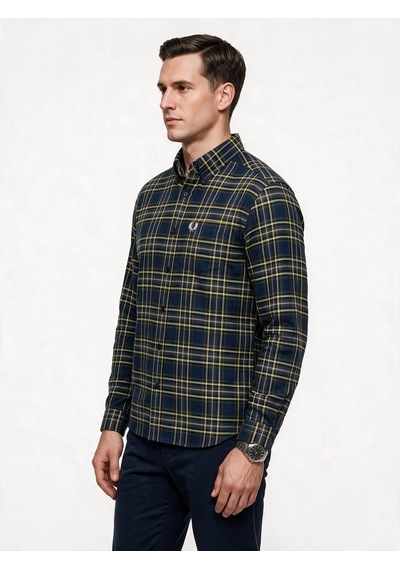 Fred Perry Erkek Normal Kesim Düğmeli Yaka Uzun Kollu Ekose Desenli Gömlek Koyu Mavi