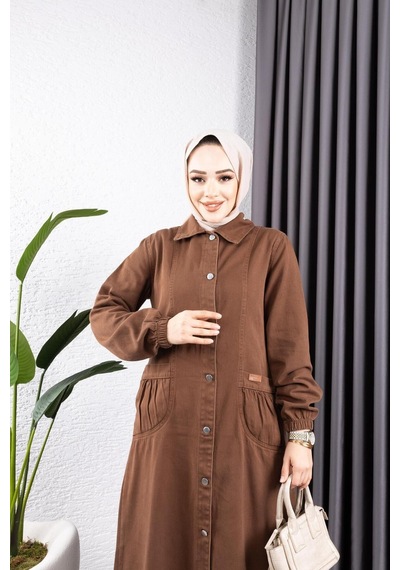 Harman Butik Kadın Düğmeli Torba Cepli Gabardin Kap Kahverengi Kahverengi