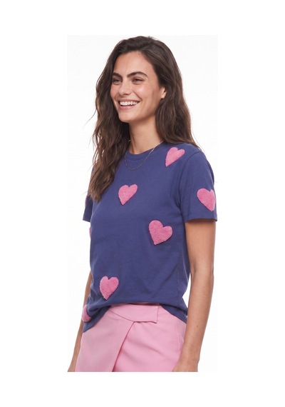 Onloox Kadın Lacivert Lacivert Pamuklu Bisiklet Yaka Kısa Kollu Basic Form Süzene Kalp Nakış Detaylı T-shirt