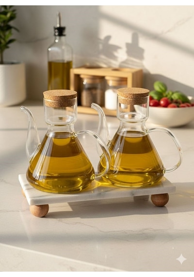 Morponi Mermer Stantlı 2li Borosilikat Cam Mantar Kapaklı Yağdanlık 500 Ml + 500 Ml Liya Beyaz