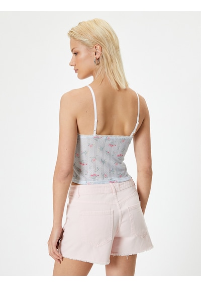 Koton İnce Askılı Çiçekli Crop Atlet Dantel Detaylı Pembe Desenli 4sak10747ek