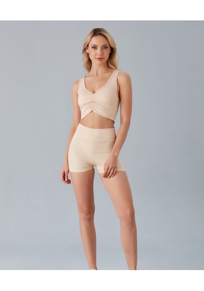 Aurafit Kadın Önü Büzgülü Arkası Çapraz Kaplı Croptop/büstiyer Bej