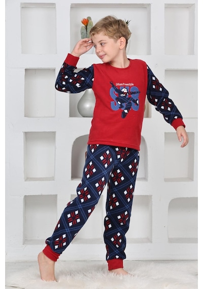 Yeni Sezon Sonbahar/kış Erkek Çocuk Skate 8 Desenli Polar Pijama Takımı 4536 Kırmızı