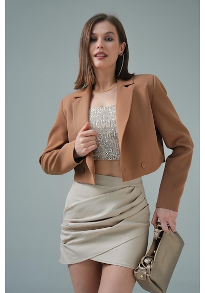 Kamel Kruvaze Crop Blazer Ceket Kamel