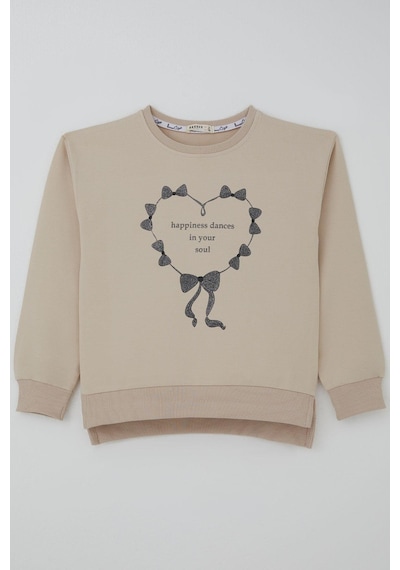 Breeze Kız Çocuk Sweatshirt Simli Kurdeleli Kalp Baskılı 9-14 Yaş, Bej Bej