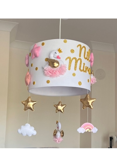 Kuğu Figürlü Gold Kız Bebek Çocuk Odası Özel Tasarım Avize Gold Pembe