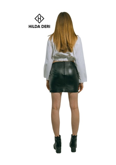 Hilda Deri Mini Etek Hakiki Kuzu Derisi Siyah Aidan 001