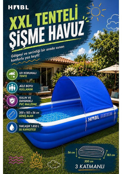 Habl 3 Boğumlu Tenteli Şişme Havuz Xxl 300x183x56 Cm 1850 L Güneş Korumalı Aile Havuzu Mavi - Beyaz