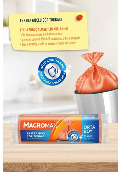 Macromax Ekstra Güçlü Çöp Torbası Orta Boy 55x60 Cm Soft Kokulu 15 Adet Mutfak Poşeti 25'li Paket