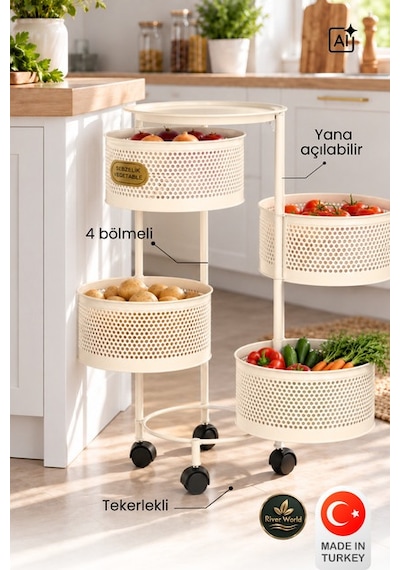 River World Tekerlekli Rengi Krem Açılabilen 4 Katlı Çok Amaçlı Metal Raf Mutfak, Balkon, Kiler Çok Renkli