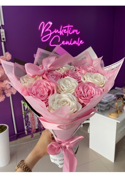 11'li Pembe Ve Beyaz Kurdeleli Solmayan Saten Gül Buketi Pembe Beyaz