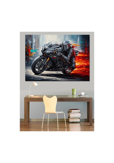 Ateşli Yolda Süratli Yarış Motoru Yağlı Boya Dokulu Kanvas Tablo Canvas Tablosu