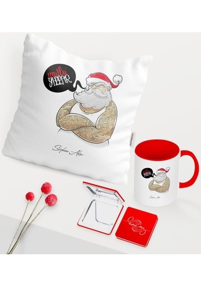 Kişiye Özel Yılbaşı Noel Baba Temalı Kırmızı Kupa Ayna Yastık Set (397419404)