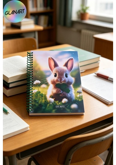 100 Yaprak Sevimli Tavşan Desenli Orta Boy Sert Kapak Kareli Defter 17x24 Cırtlı