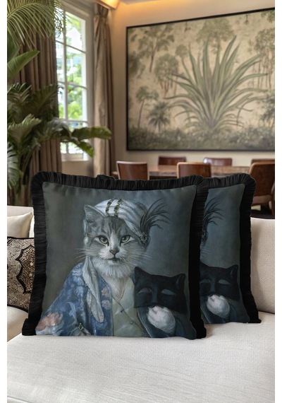 Avangart Kedi Portresi Saçaklı Yastık Kılıfı - Maskeli Figür Nostaljik Siyah Püsküllü Kırlent Kılıfı Tozlu Okyanus Taba Avangart Kedi Portresi Saçaklı Yastık Kılıfı - Maskeli Figür Nostaljik Siyah Püsküllü Kırlent Kılıfı Tozlu Okyanus Taba