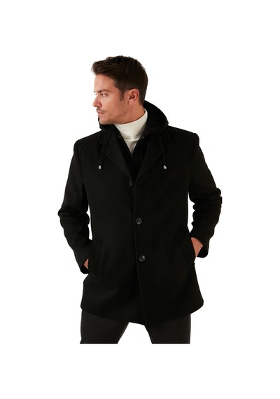 Buratti Çıkarılabilir Kapüşonlu Kırçıllı Slim Fit Kaşe Erkek Kaban 5841013 Siyah
