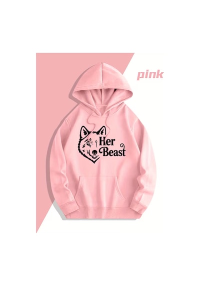 Nevermind Sevgili Çift Kombin Hoodie Set His Beauty Her Beast Baskılı Unise Pembe