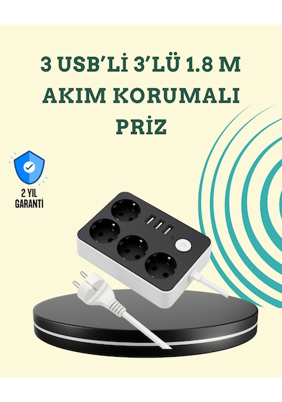 7 Cihazı Aynı Anda Destekleyen 3 Usb Portlu 4 Lü Priz 2