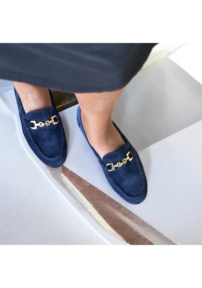 Ne&ve Shoes Lacivert Süet Hakiki Deri Gold Zincir Aksesuarlı Kadın Loafer Ayakkabı