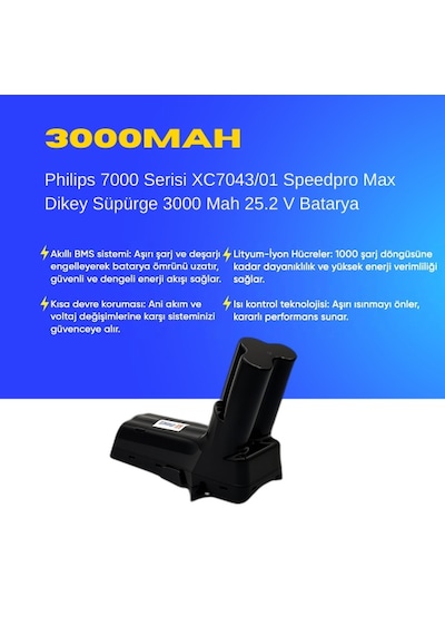 Philips 7000 Serisi Xc7043/01 Speedpro Max Dikey Süpürge 3000 Mah 25.2 V Batarya  Uyumlu Uzun Ömürlü, Yüksek Performans Pil