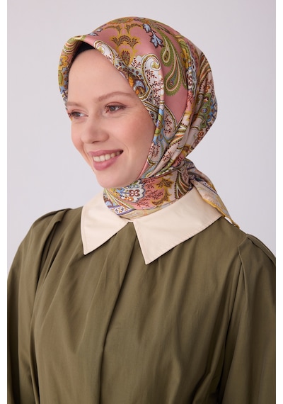 Belli Etnik Desen İpek Twill Eşarp - 2026 İlkbahar-yaz T 4304 Hardal