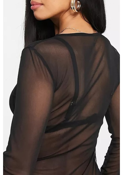 Moda Mistik Siyah Tül Bluz Uzun Kollu Transparan Sexy Siyah