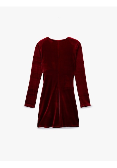 Koton Uzun Kollu Bisiklet Yaka Drape Detaylı Mini Kadife Elbise Bordo 6wak80318ek Bordo