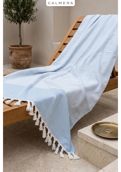 Calmera Çizgili Peştemal Pamuk - Doğal Saçaklı Plaj, Deniz, Havuz, Spa, Sauna, Spor, Seyahat Havlu - Mavi