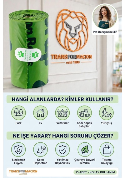 Evcil Hayvan Kaka Torbası 15 Adet 30x21 Cm Sızdırmaz Kedi Köpek Dışkı Toplama Poşeti Rulosu 713383