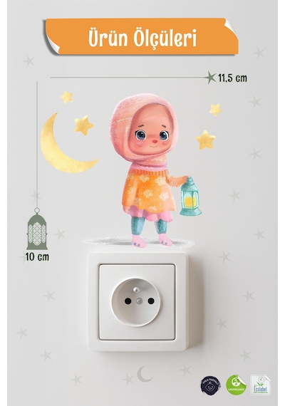 Sevimli Kız Çocuğu Ramazan-ı Şerif Priz Sticker Seti Duvar Cam Sticker Ramazan Süsü Çok Renkli