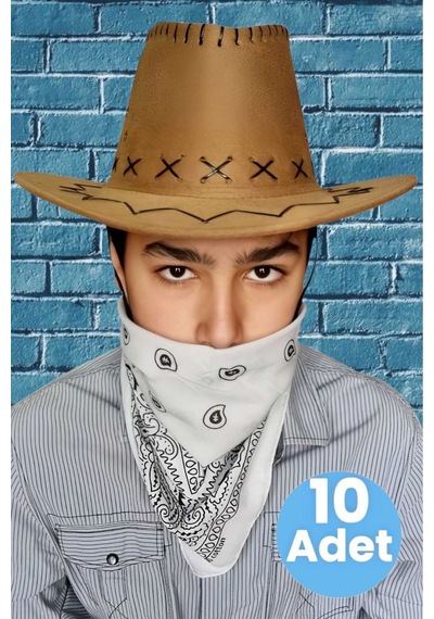 Uniquetrenders Çocuk Unisex Bandanalı 10'lu Nubuk Kovboy Şapkası 8-14 Yaş Cappuccino 1